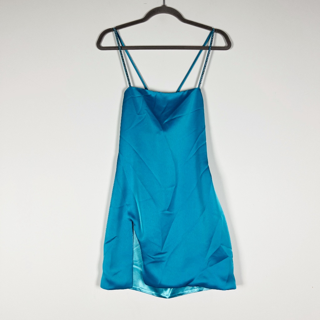 The Attico Fujiko Satin Crystal Jewel Embellished Strap Slip Dress Capri Blue Xs